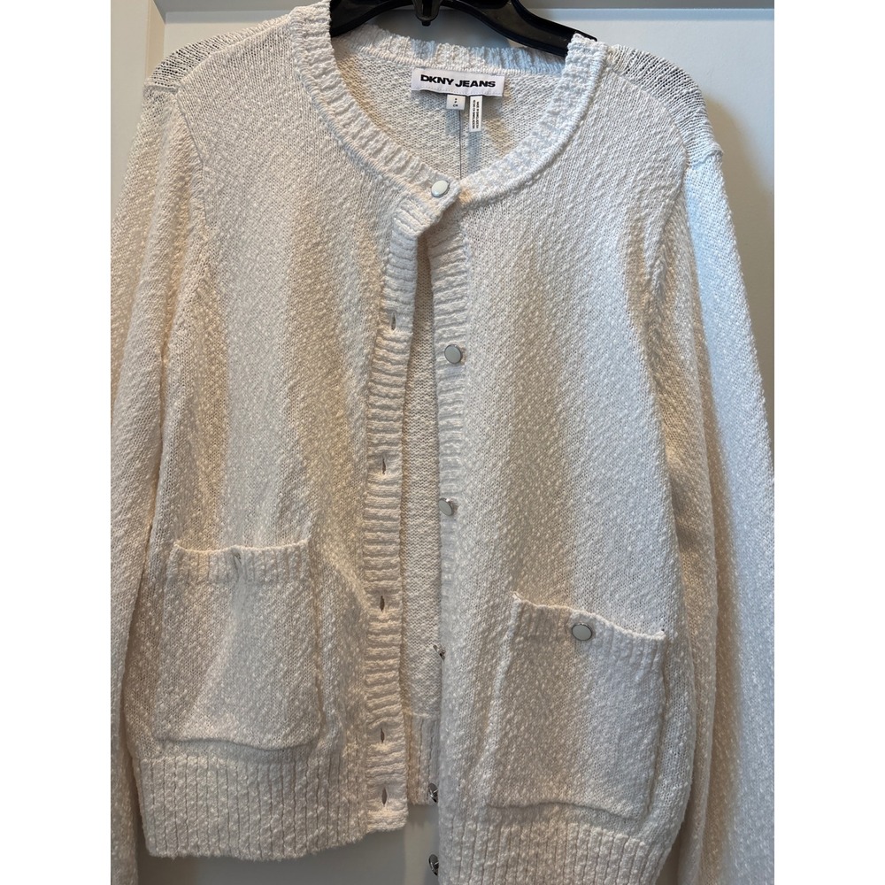 DKNY Jeans Womens White Textured 100% Cotton Button Front Cardigan Sweater Small - Picture 3 of 8